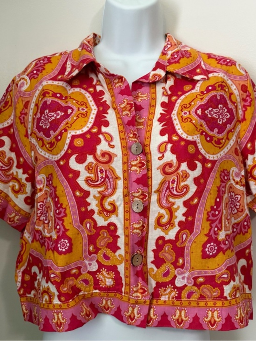 Haute Hippie Pink & Orange Paisley Button-Front Crop Shirt SMALL
